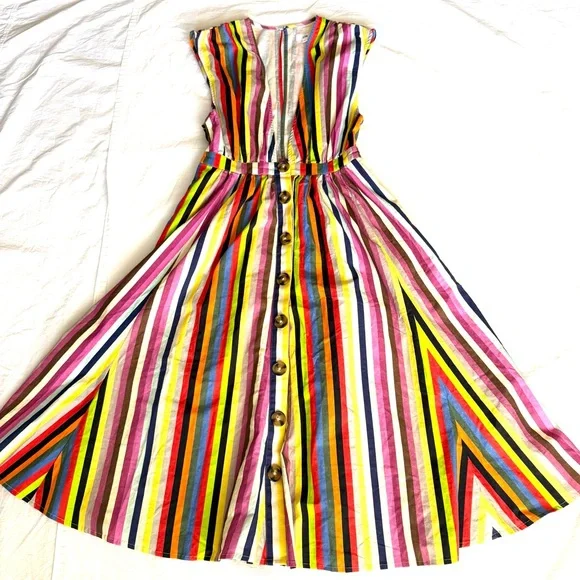 LPA NWOT Shirred Button Up Linen Dress Rainbow Strip Midi Boho Sleeveless Sz S - Picture 9 of 14